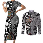 Torest Trait Islands Map Mix Aboriginal Pattern Couples Matching Short Sleeve Bodycon Dress and Long Sleeve Button Shirt