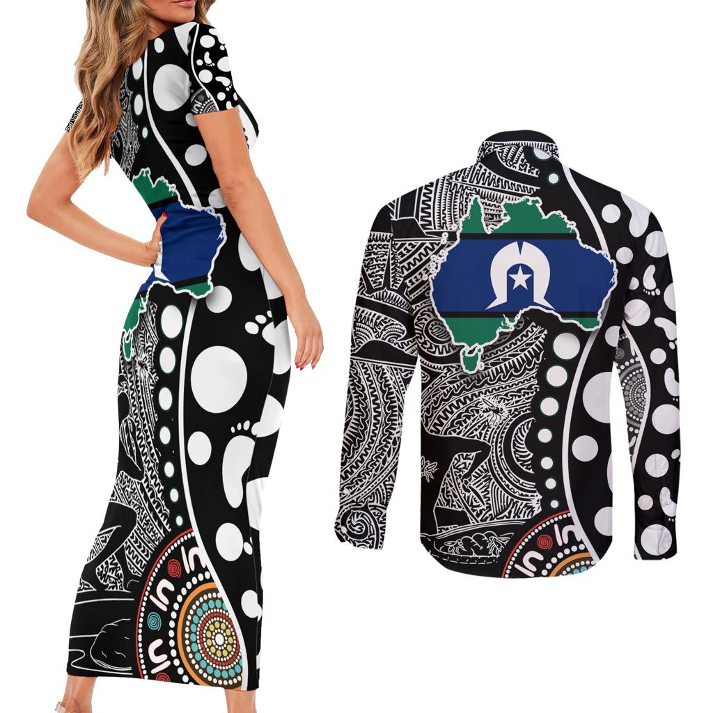 Torest Trait Islands Map Mix Aboriginal Pattern Couples Matching Short Sleeve Bodycon Dress and Long Sleeve Button Shirt
