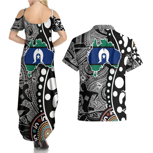 Torest Trait Islands Map Mix Aboriginal Pattern Couples Matching Summer Maxi Dress and Hawaiian Shirt