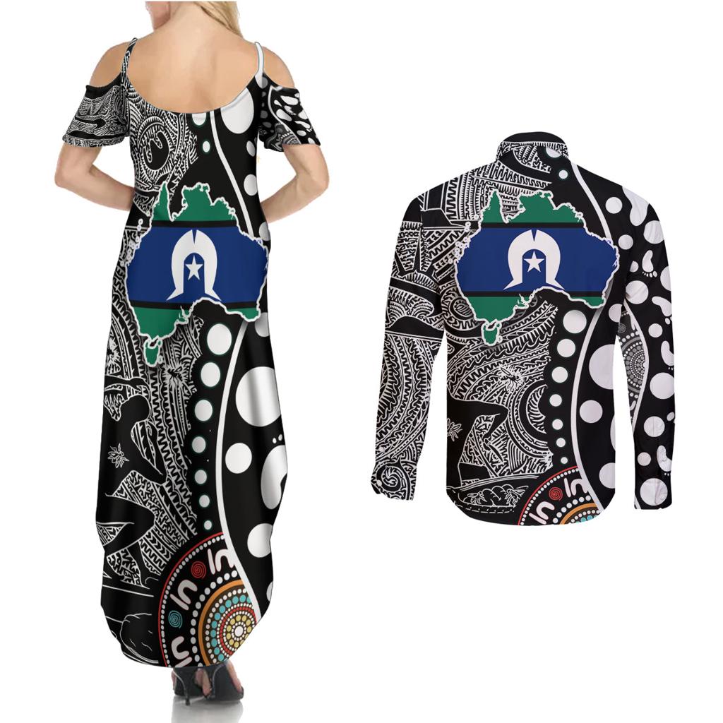 Torest Trait Islands Map Mix Aboriginal Pattern Couples Matching Summer Maxi Dress and Long Sleeve Button Shirt