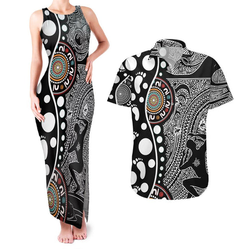 Torest Trait Islands Map Mix Aboriginal Pattern Couples Matching Tank Maxi Dress and Hawaiian Shirt