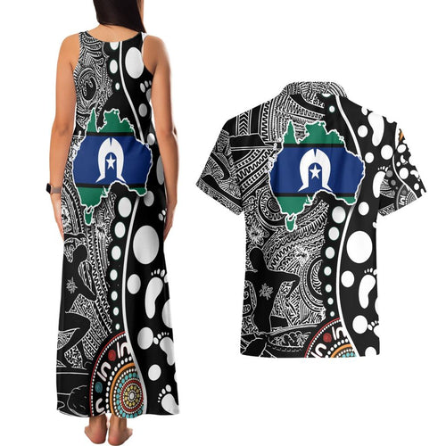 Torest Trait Islands Map Mix Aboriginal Pattern Couples Matching Tank Maxi Dress and Hawaiian Shirt