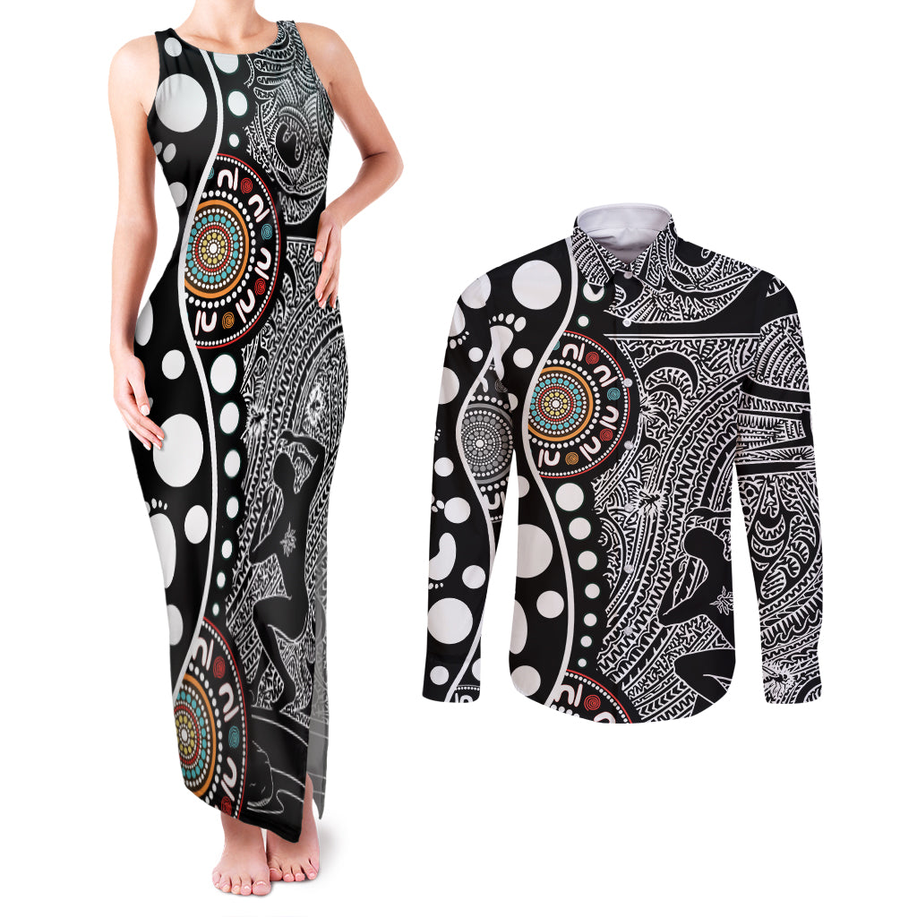 Torest Trait Islands Map Mix Aboriginal Pattern Couples Matching Tank Maxi Dress and Long Sleeve Button Shirt