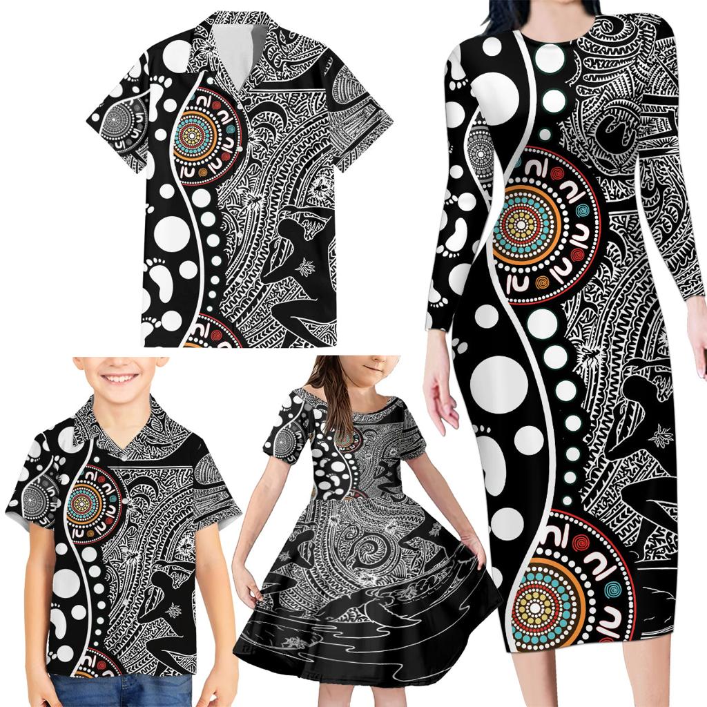 Torest Trait Islands Map Mix Aboriginal Pattern Family Matching Long Sleeve Bodycon Dress and Hawaiian Shirt