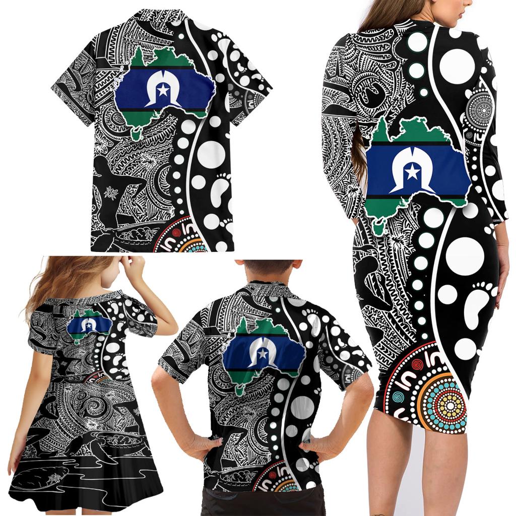 Torest Trait Islands Map Mix Aboriginal Pattern Family Matching Long Sleeve Bodycon Dress and Hawaiian Shirt