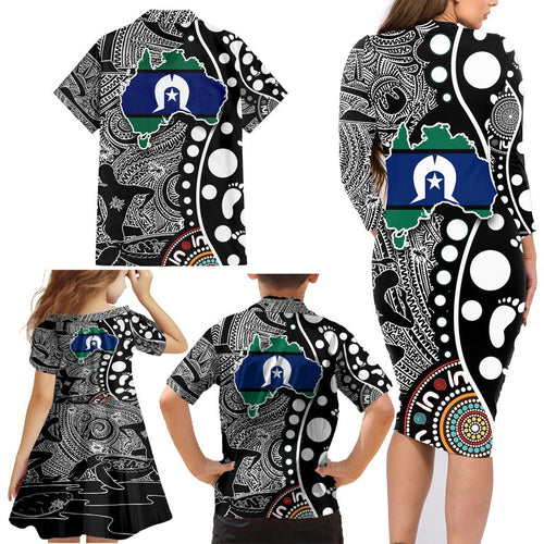 Torest Trait Islands Map Mix Aboriginal Pattern Family Matching Long Sleeve Bodycon Dress and Hawaiian Shirt