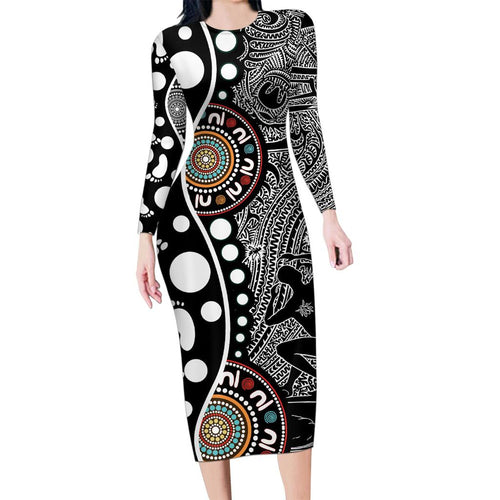 Torest Trait Islands Map Mix Aboriginal Pattern Family Matching Long Sleeve Bodycon Dress and Hawaiian Shirt