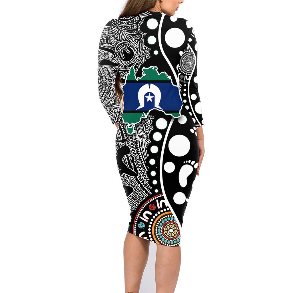 Torest Trait Islands Map Mix Aboriginal Pattern Family Matching Long Sleeve Bodycon Dress and Hawaiian Shirt