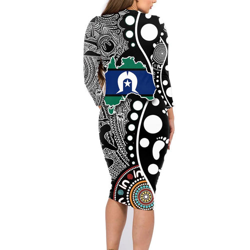 Torest Trait Islands Map Mix Aboriginal Pattern Family Matching Long Sleeve Bodycon Dress and Hawaiian Shirt