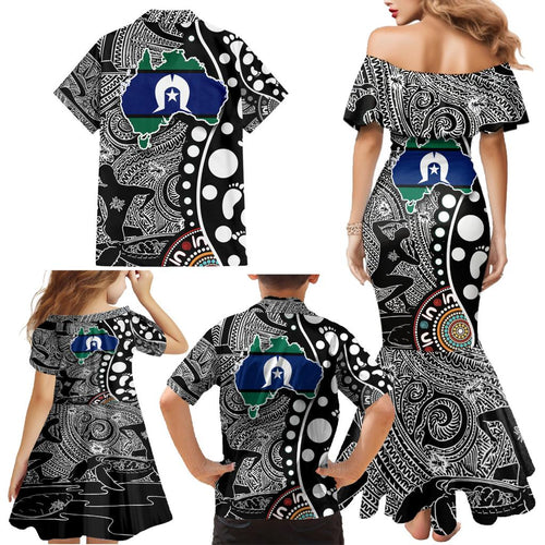 Torest Trait Islands Map Mix Aboriginal Pattern Family Matching Mermaid Dress and Hawaiian Shirt