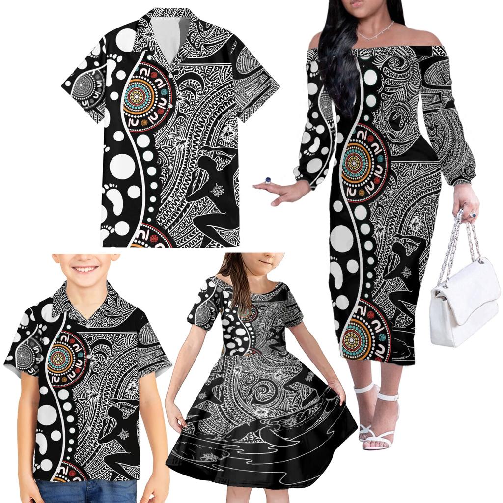 Torest Trait Islands Map Mix Aboriginal Pattern Family Matching Off Shoulder Long Sleeve Dress and Hawaiian Shirt