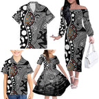 Torest Trait Islands Map Mix Aboriginal Pattern Family Matching Off Shoulder Long Sleeve Dress and Hawaiian Shirt