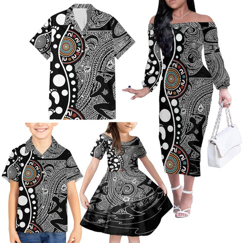 Torest Trait Islands Map Mix Aboriginal Pattern Family Matching Off Shoulder Long Sleeve Dress and Hawaiian Shirt