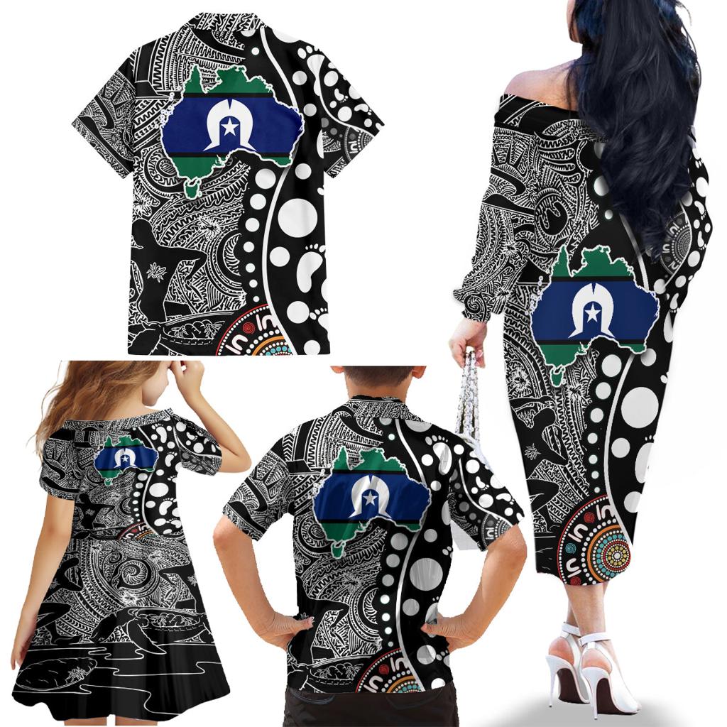 Torest Trait Islands Map Mix Aboriginal Pattern Family Matching Off Shoulder Long Sleeve Dress and Hawaiian Shirt
