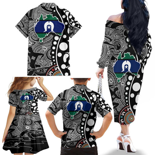 Torest Trait Islands Map Mix Aboriginal Pattern Family Matching Off Shoulder Long Sleeve Dress and Hawaiian Shirt
