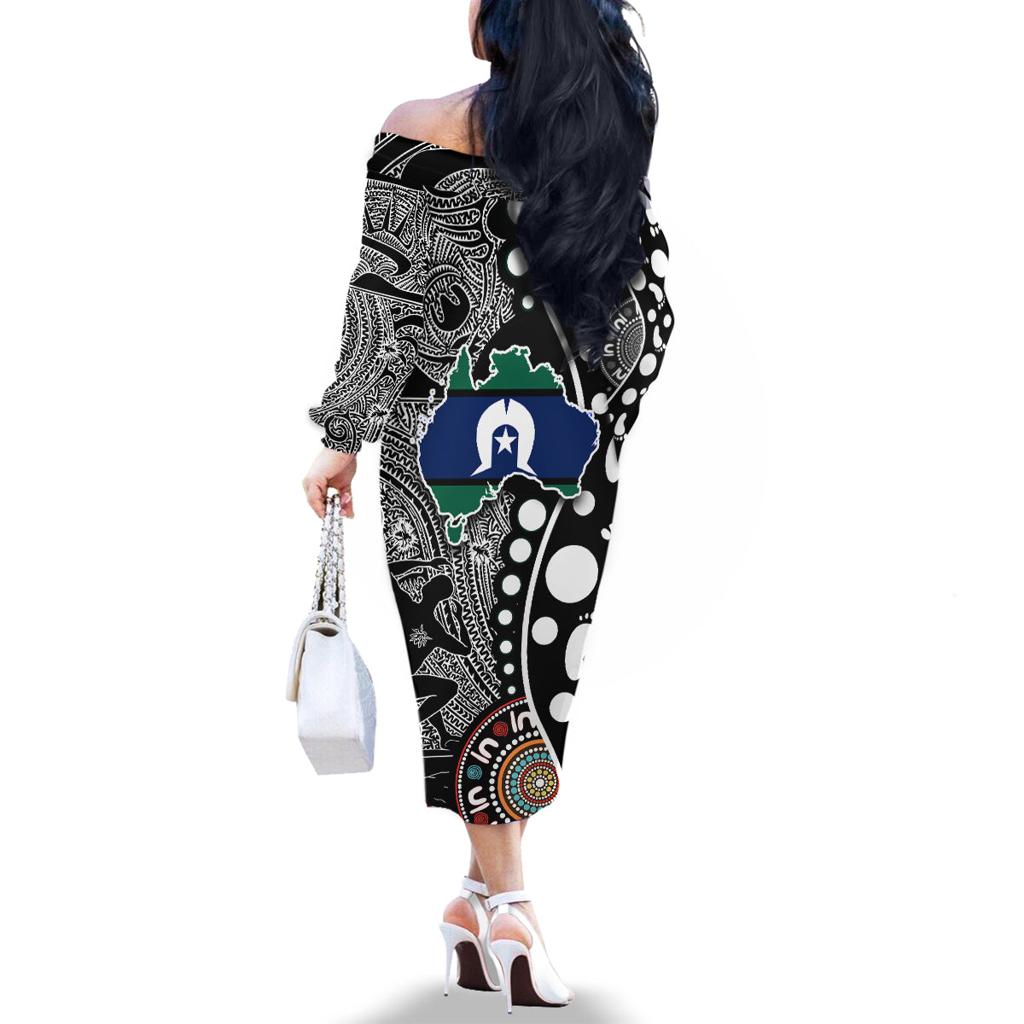 Torest Trait Islands Map Mix Aboriginal Pattern Family Matching Off Shoulder Long Sleeve Dress and Hawaiian Shirt