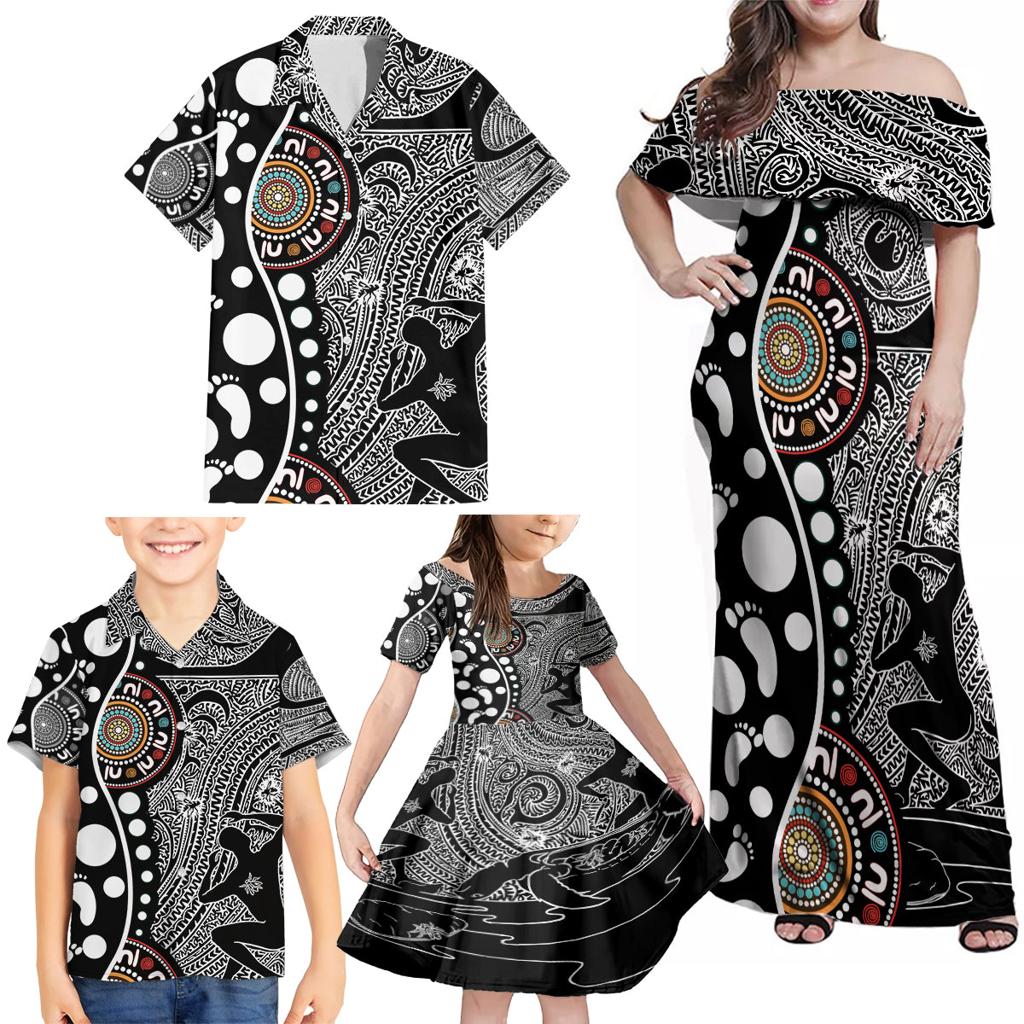 Torest Trait Islands Map Mix Aboriginal Pattern Family Matching Off Shoulder Maxi Dress and Hawaiian Shirt