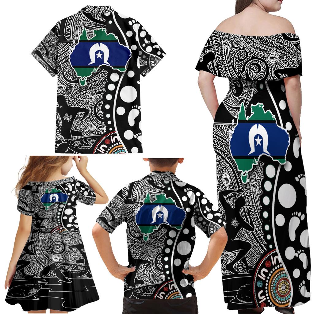Torest Trait Islands Map Mix Aboriginal Pattern Family Matching Off Shoulder Maxi Dress and Hawaiian Shirt