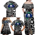 Torest Trait Islands Map Mix Aboriginal Pattern Family Matching Off Shoulder Maxi Dress and Hawaiian Shirt