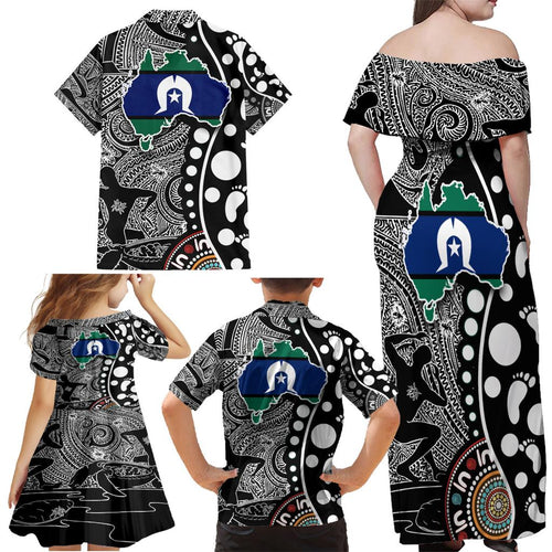 Torest Trait Islands Map Mix Aboriginal Pattern Family Matching Off Shoulder Maxi Dress and Hawaiian Shirt