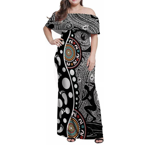 Torest Trait Islands Map Mix Aboriginal Pattern Family Matching Off Shoulder Maxi Dress and Hawaiian Shirt