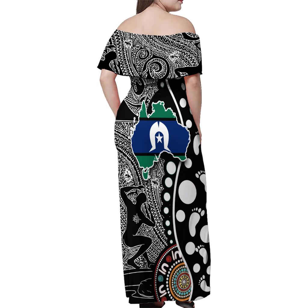 Torest Trait Islands Map Mix Aboriginal Pattern Family Matching Off Shoulder Maxi Dress and Hawaiian Shirt