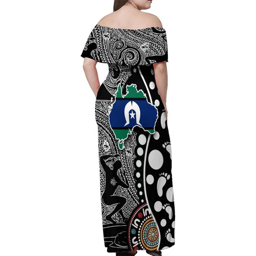Torest Trait Islands Map Mix Aboriginal Pattern Family Matching Off Shoulder Maxi Dress and Hawaiian Shirt