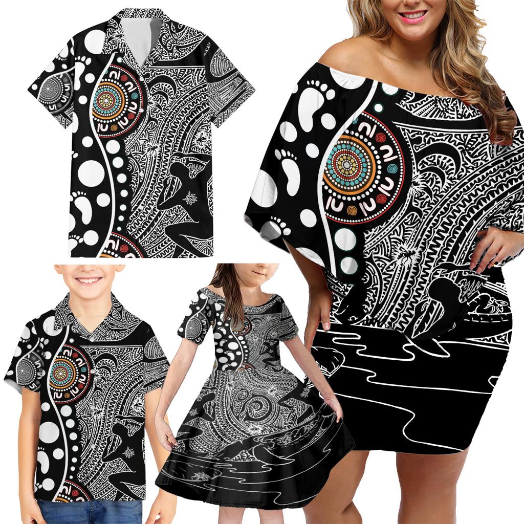 Torest Trait Islands Map Mix Aboriginal Pattern Family Matching Off Shoulder Short Dress and Hawaiian Shirt