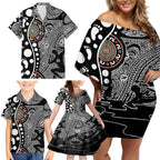 Torest Trait Islands Map Mix Aboriginal Pattern Family Matching Off Shoulder Short Dress and Hawaiian Shirt