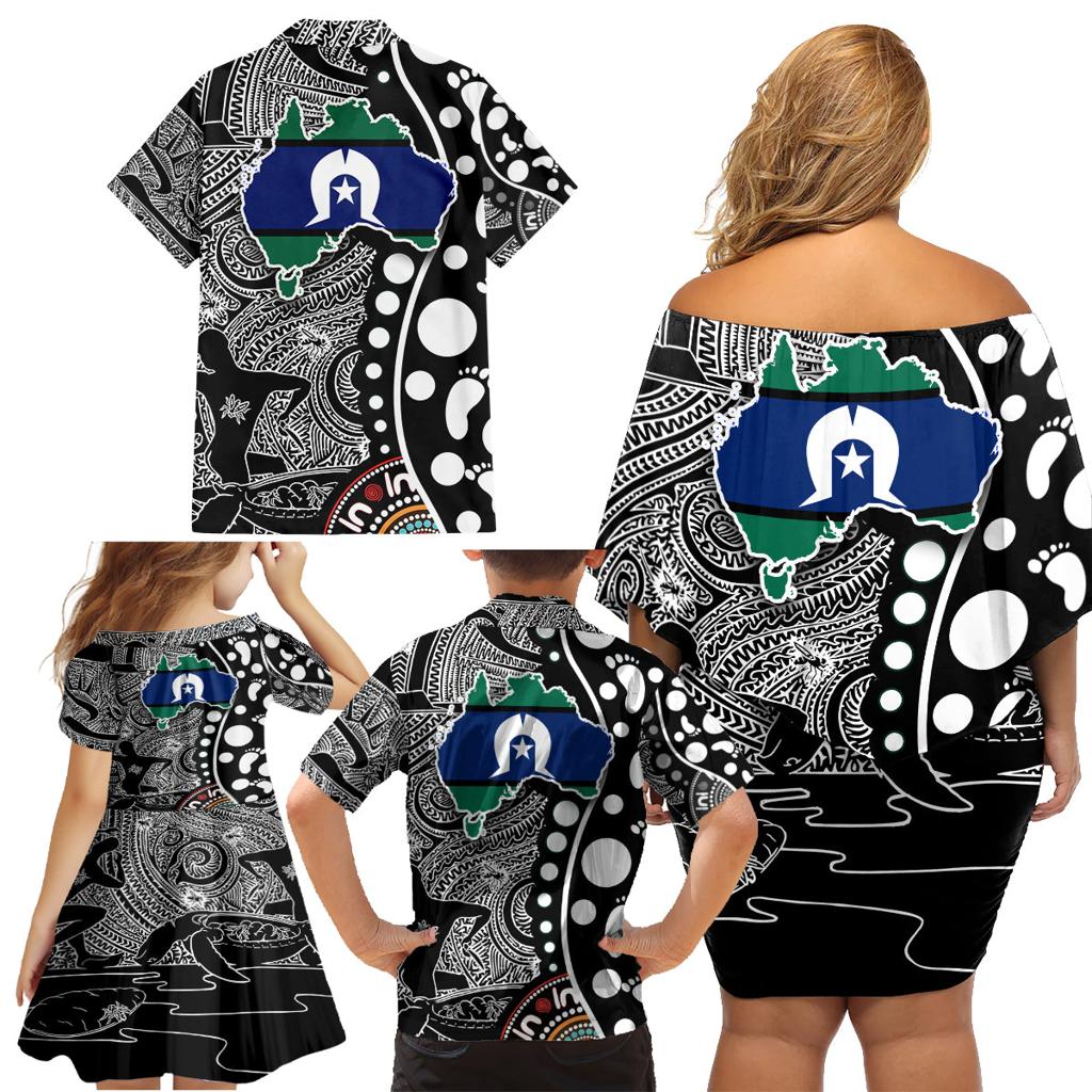 Torest Trait Islands Map Mix Aboriginal Pattern Family Matching Off Shoulder Short Dress and Hawaiian Shirt