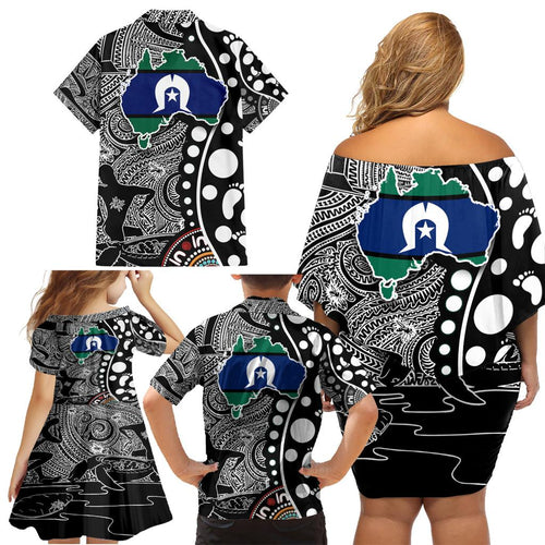 Torest Trait Islands Map Mix Aboriginal Pattern Family Matching Off Shoulder Short Dress and Hawaiian Shirt