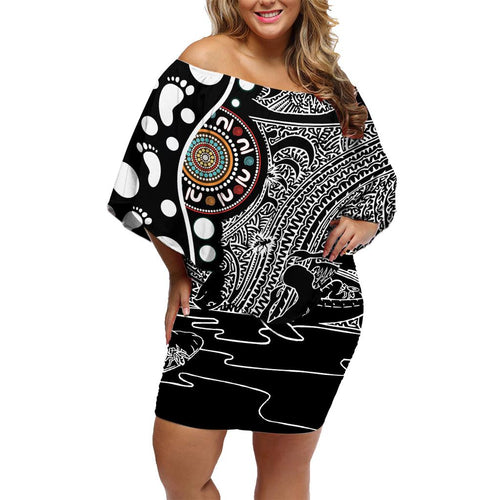 Torest Trait Islands Map Mix Aboriginal Pattern Family Matching Off Shoulder Short Dress and Hawaiian Shirt