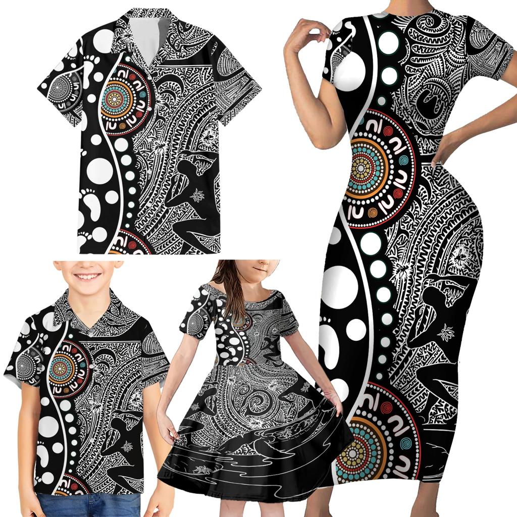Torest Trait Islands Map Mix Aboriginal Pattern Family Matching Short Sleeve Bodycon Dress and Hawaiian Shirt