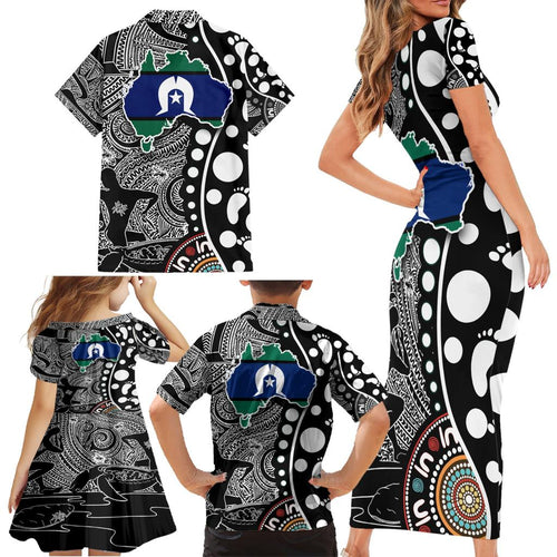 Torest Trait Islands Map Mix Aboriginal Pattern Family Matching Short Sleeve Bodycon Dress and Hawaiian Shirt