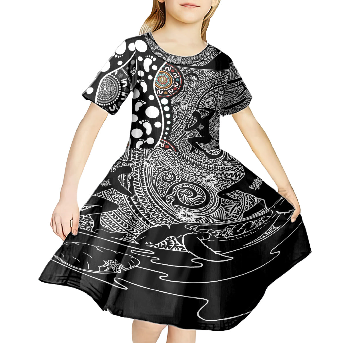 Torest Trait Islands Map Mix Aboriginal Pattern Kid Short Sleeve Dress