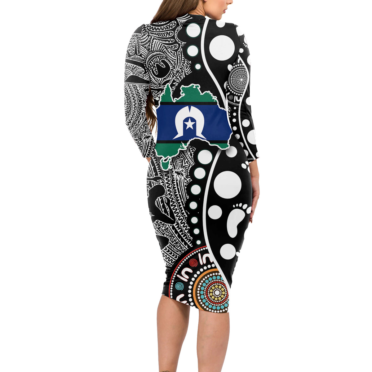 Torest Trait Islands Map Mix Aboriginal Pattern Long Sleeve Bodycon Dress