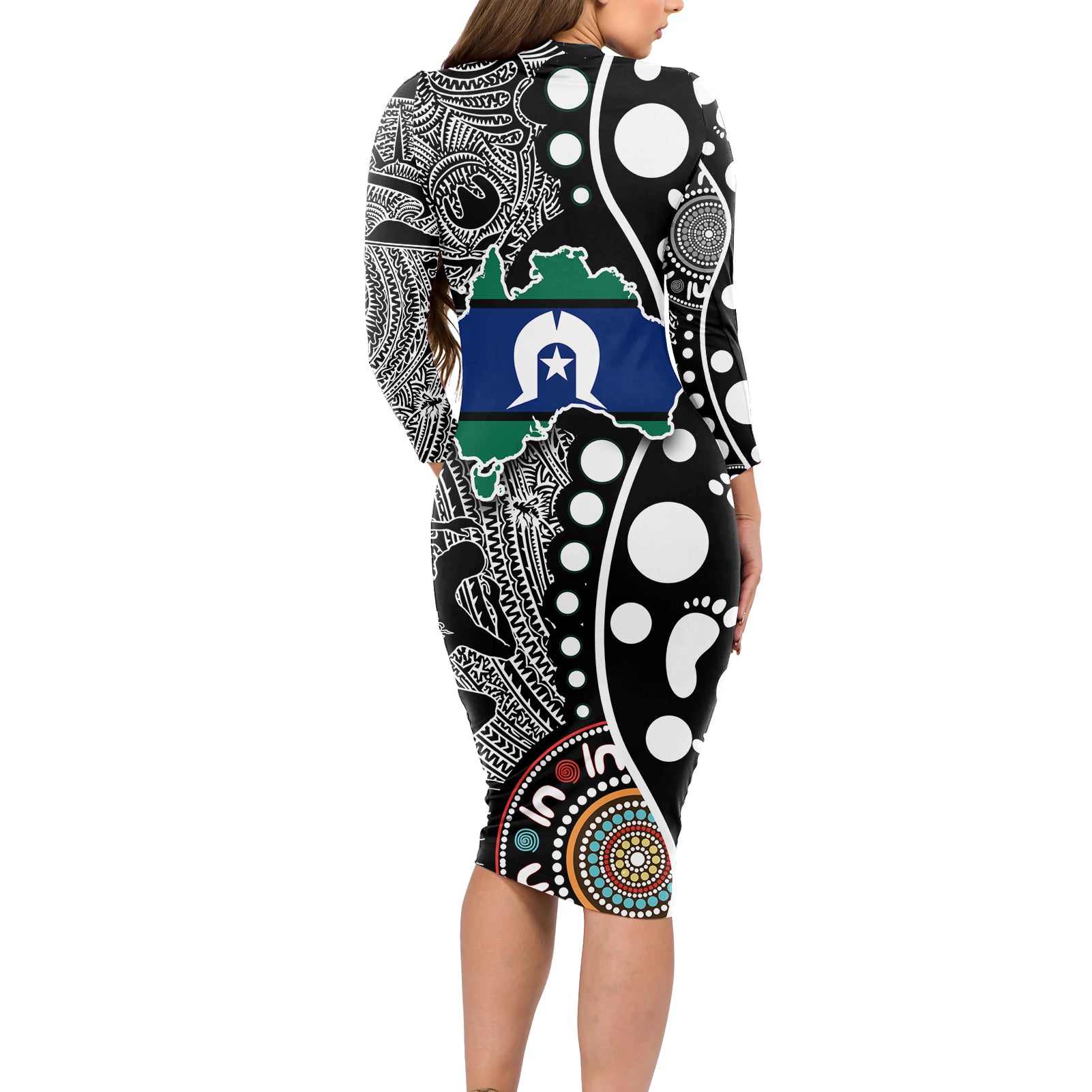 Torest Trait Islands Map Mix Aboriginal Pattern Long Sleeve Bodycon Dress