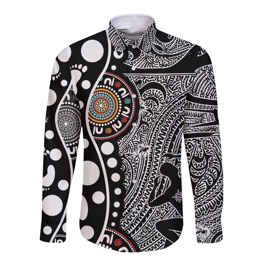 Torest Trait Islands Map Mix Aboriginal Pattern Long Sleeve Button Shirt