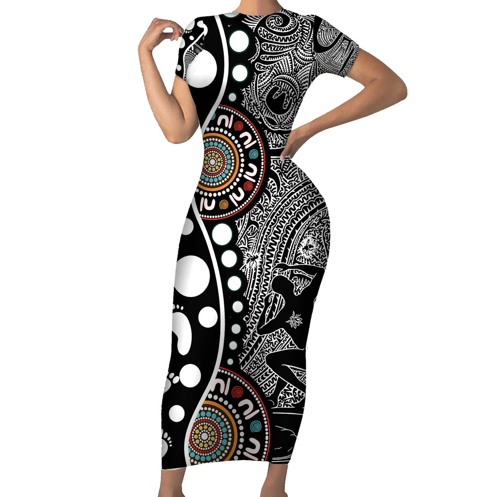 Torest Trait Islands Map Mix Aboriginal Pattern Short Sleeve Bodycon Dress