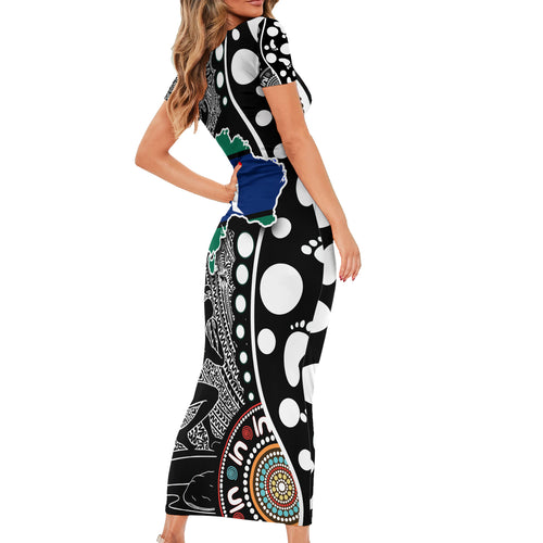 Torest Trait Islands Map Mix Aboriginal Pattern Short Sleeve Bodycon Dress