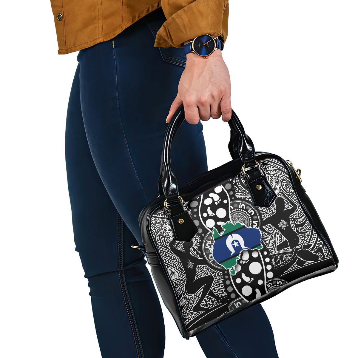 Torest Trait Islands Map Mix Aboriginal Pattern Shoulder Handbag