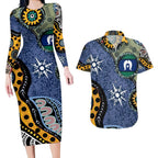Torest Trait Islands Mix Aboriginal Pattern Couples Matching Long Sleeve Bodycon Dress and Hawaiian Shirt