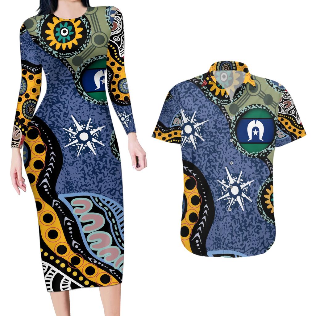 Torest Trait Islands Mix Aboriginal Pattern Couples Matching Long Sleeve Bodycon Dress and Hawaiian Shirt