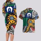 Torest Trait Islands Mix Aboriginal Pattern Couples Matching Long Sleeve Bodycon Dress and Hawaiian Shirt