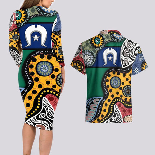 Torest Trait Islands Mix Aboriginal Pattern Couples Matching Long Sleeve Bodycon Dress and Hawaiian Shirt