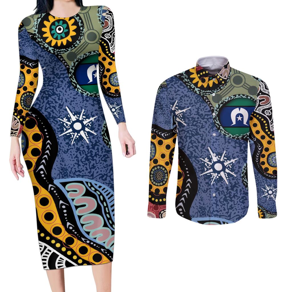 Torest Trait Islands Mix Aboriginal Pattern Couples Matching Long Sleeve Bodycon Dress and Long Sleeve Button Shirt
