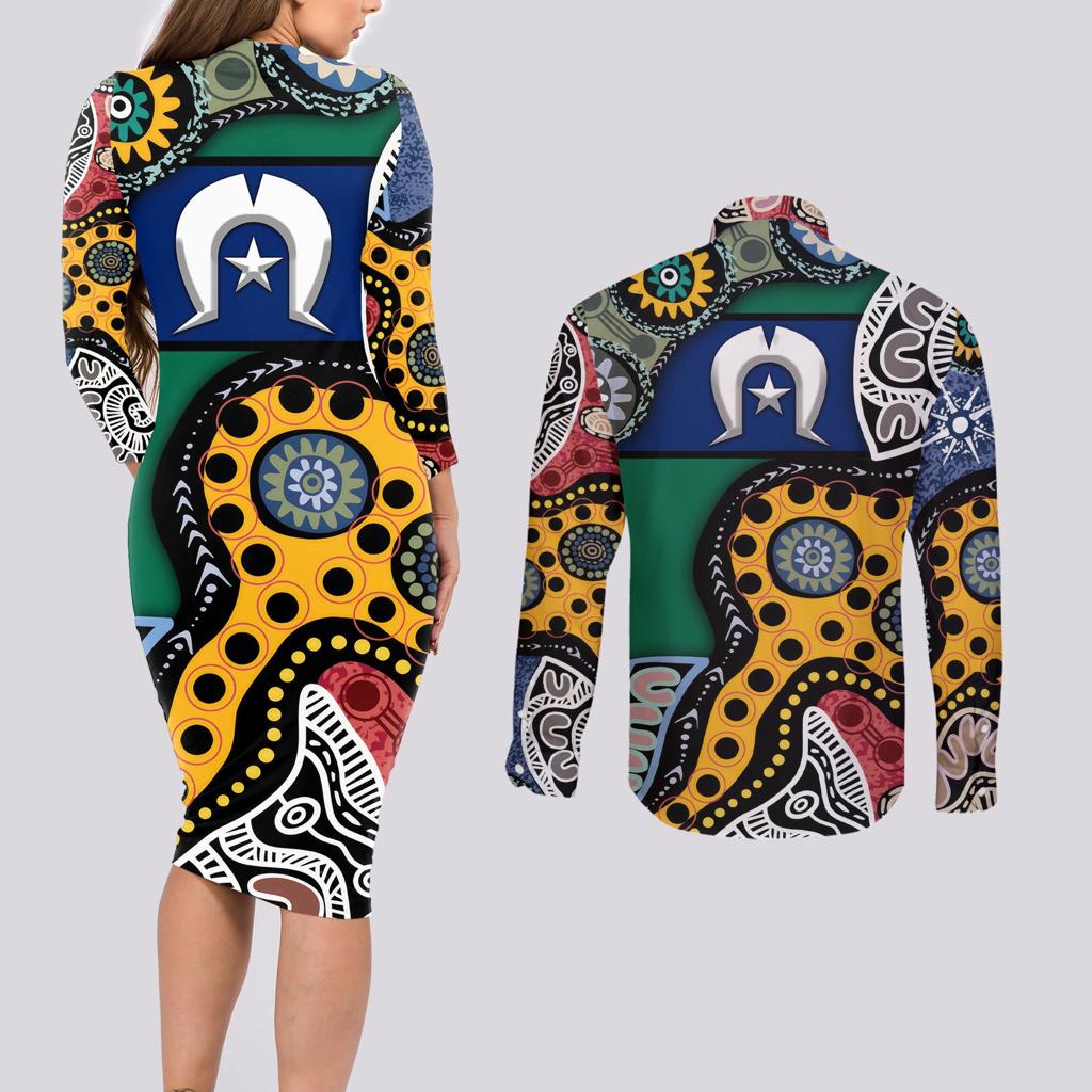 Torest Trait Islands Mix Aboriginal Pattern Couples Matching Long Sleeve Bodycon Dress and Long Sleeve Button Shirt