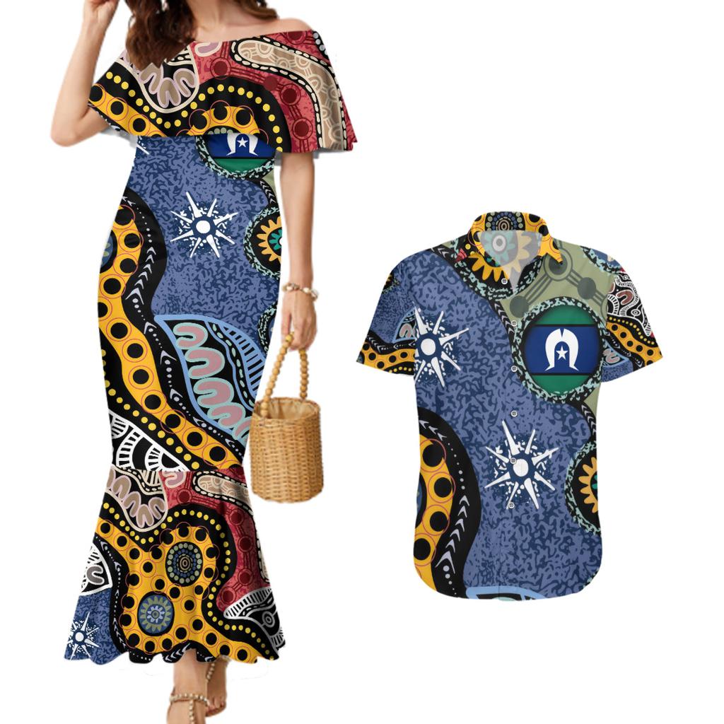 Torest Trait Islands Mix Aboriginal Pattern Couples Matching Mermaid Dress and Hawaiian Shirt