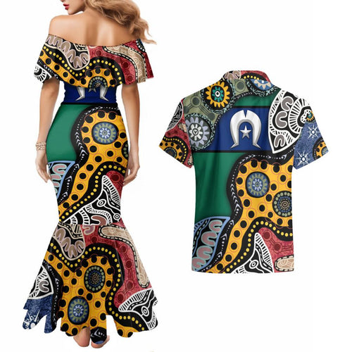 Torest Trait Islands Mix Aboriginal Pattern Couples Matching Mermaid Dress and Hawaiian Shirt