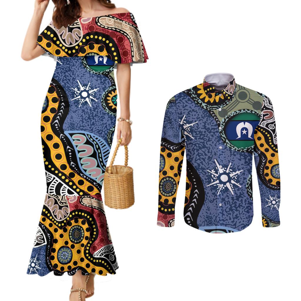 Torest Trait Islands Mix Aboriginal Pattern Couples Matching Mermaid Dress and Long Sleeve Button Shirt